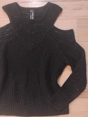 Y Yigal X Design Lab Lord & Taylor Black Sparkle Off-the-Shoulder Sweater